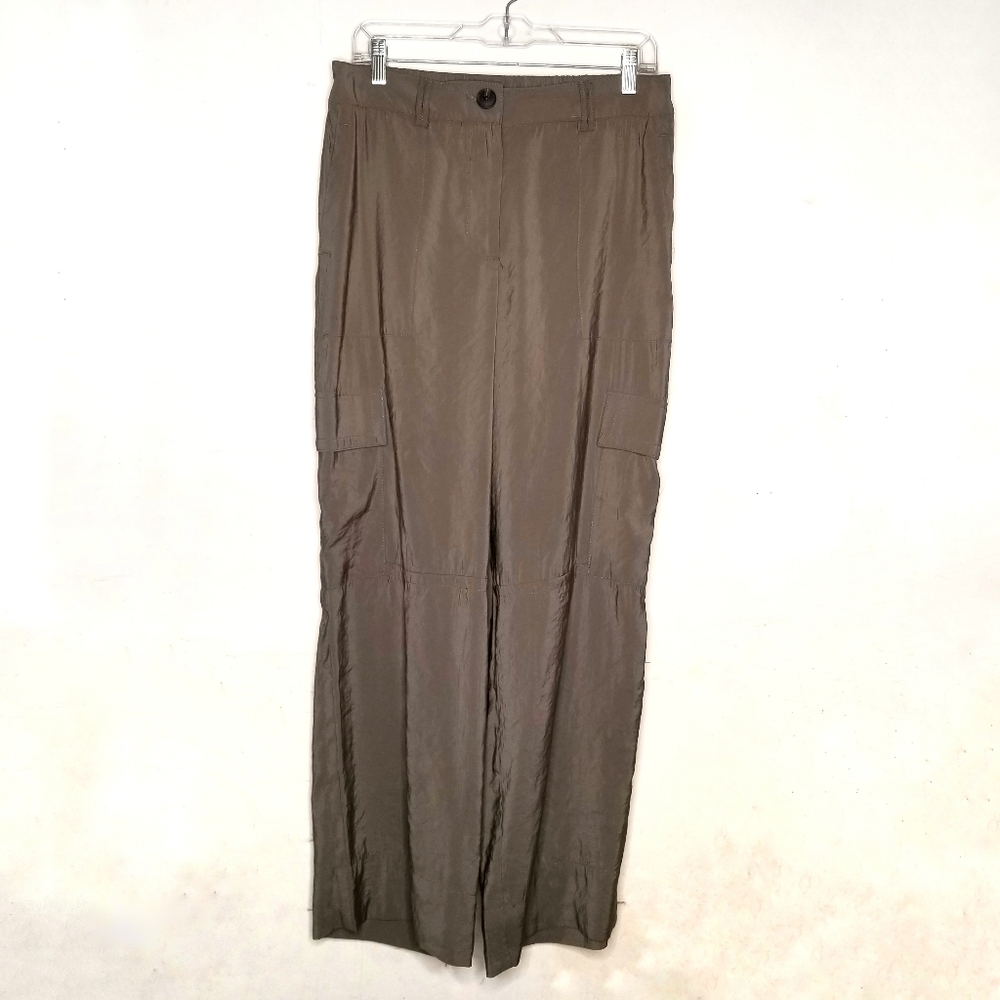 Olive Satin Cargo Pants Women Wide Leg Khaki Matte Utility Chic Wmn's Medium - Picture 2 of 5